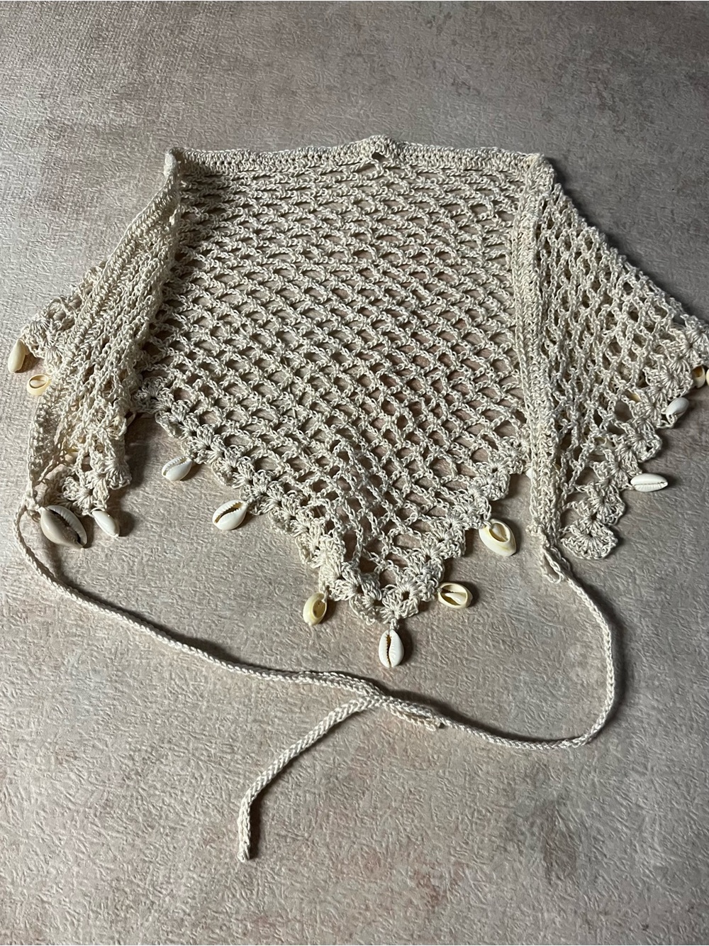 Boho Crochet Cream Shell-Trim Bandana/neck wrap with Cowrie shell